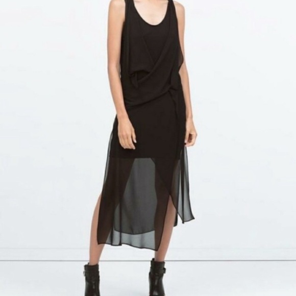 Zara Dresses & Skirts - Zara Black Chiffon Sheer Drapey Lagenlook Tank Midi Dress Medium